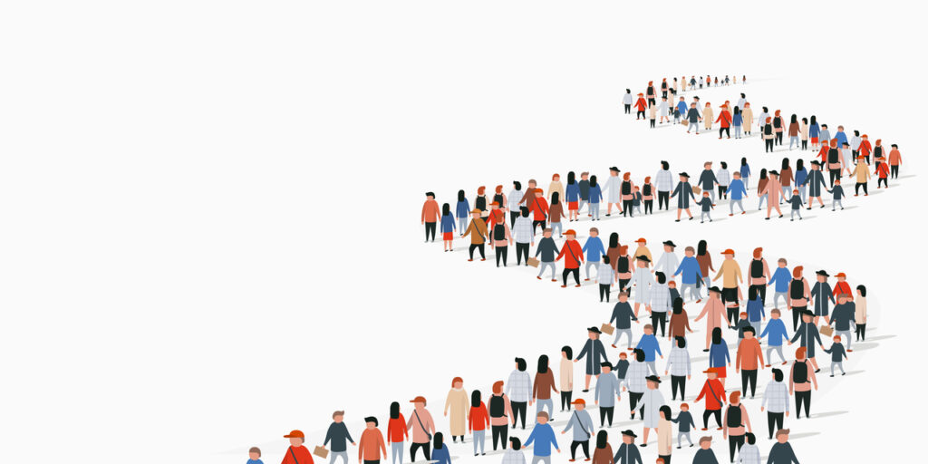 Crowd of buisness people standing in a line. People crowd. Vector illustration